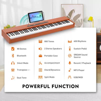88-Key Full Size Semi-Weighted Digital Piano in Brown with Pedal, Stand, and Storage Bag image 6