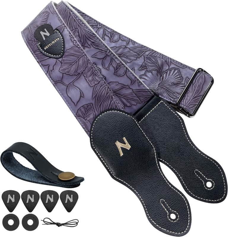 Guitar Strap with Pick Pocket,2.3 inch Porter Style Leather Carving Guitar Straps with Leather Ends,60s Vintage Style (Purple) image 1