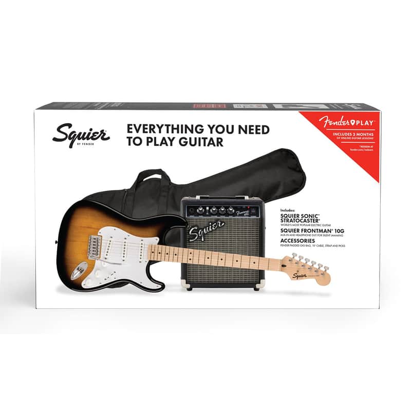Squier Sonic Stratocaster Electric Guitar Pack with Frontman 10G Amp - 2-Color Sunburst image 1