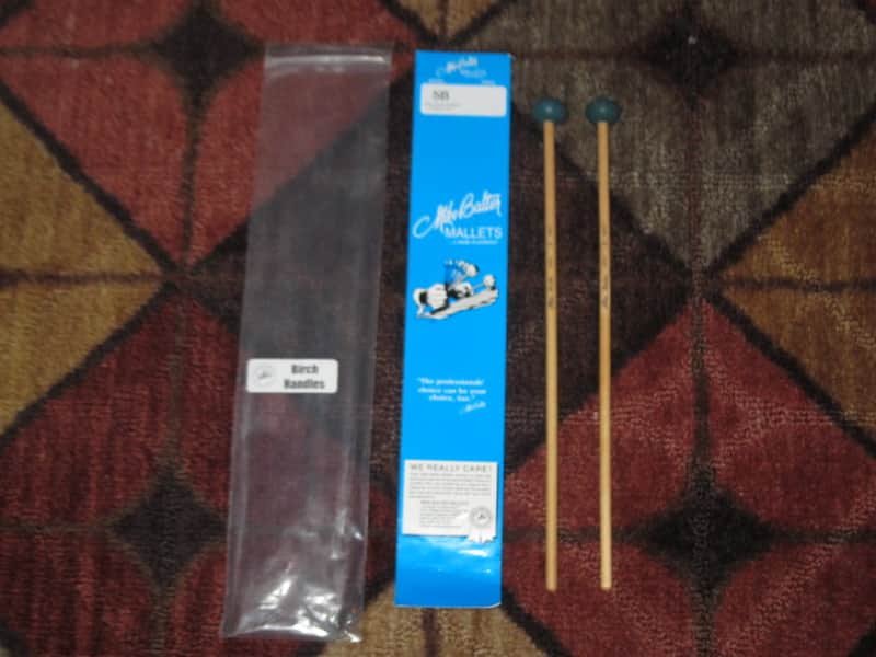 one pair new old stock A+ Mike Balter MB5B (5B) Medium Hard Keyboard Mallets - 1" diameter Oval Dark Green Rubber HEADS and Natural Birch HANDLES (for Marimba, Xylophone) mid to late 1990s (+ packaging) Unwound Series image 1