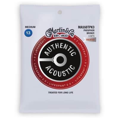 Martin MA550TPK3 Authentic Acoustic Lifespan 2.0 Phosphor Bronze Acoustic Guitar Strings - Medium (.13 - .56) 3-Pack
