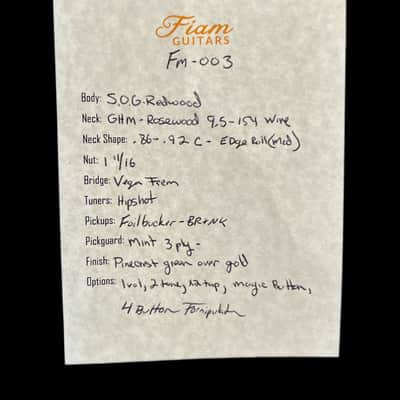 Fiam Mirari 2022 Aged Pinecrest Green over Gold ‘by past Ronin luthier Izzy Lugo’ OG Redwood body NEW (Authorized Dealer) image 12