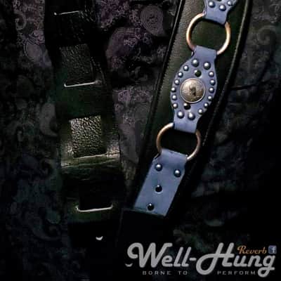 Well-Hung No Prisoners "Blue Steel"  3" wide padded black leather guitar strap with studded feature image 3