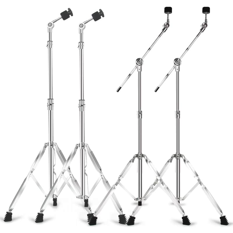 2 Pack Straight Cymbal Stand + 2 Pack Boom Cymbal Stand Combo Set, Adjustable Drum Hardware Percussion Mount Holder Gear Set for Mounting Crash, Ride, Splash Cymbal, Double Braced Legs (4 Pack) image 1