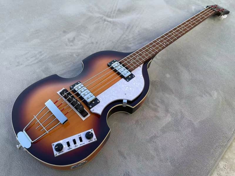 30" Short Scale Electric Violin Bass – Semi-Hollowbody, Flame Maple Back, Sunburst Finish image 1