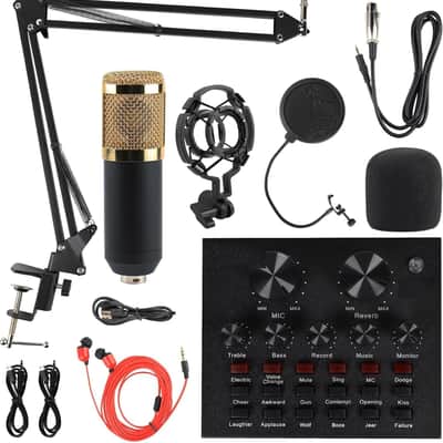 Condenser Microphone Bundle, Live Sound Card, Adjustable Boom Arm, Shock Mount, Metal Mic Pop Filter, Sponge Pop Filter Cover, Earphone, Audio Cables and Power Cable, Set of 11 Mic Kit image 1