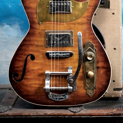 Postal Midnight Special Flamed Maple Tiger-burst-Duncan Pearly Gates pickups Bigsby Carved Scroll Headstock image 1
