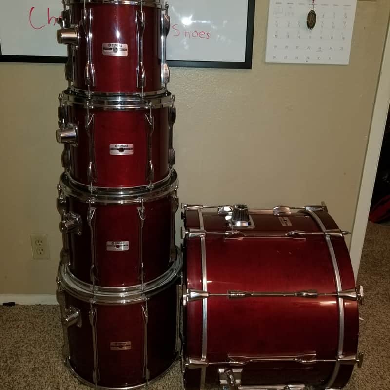Yamaha Recording Custom Cherry 10x10, 10x12, 12x14, 14x16 Toms
16x22 Bass Drum Cherrywood 80's Japan Wine Walnut Color Recording Custom 80's Cherry Wood Cherrywood Wine image 1