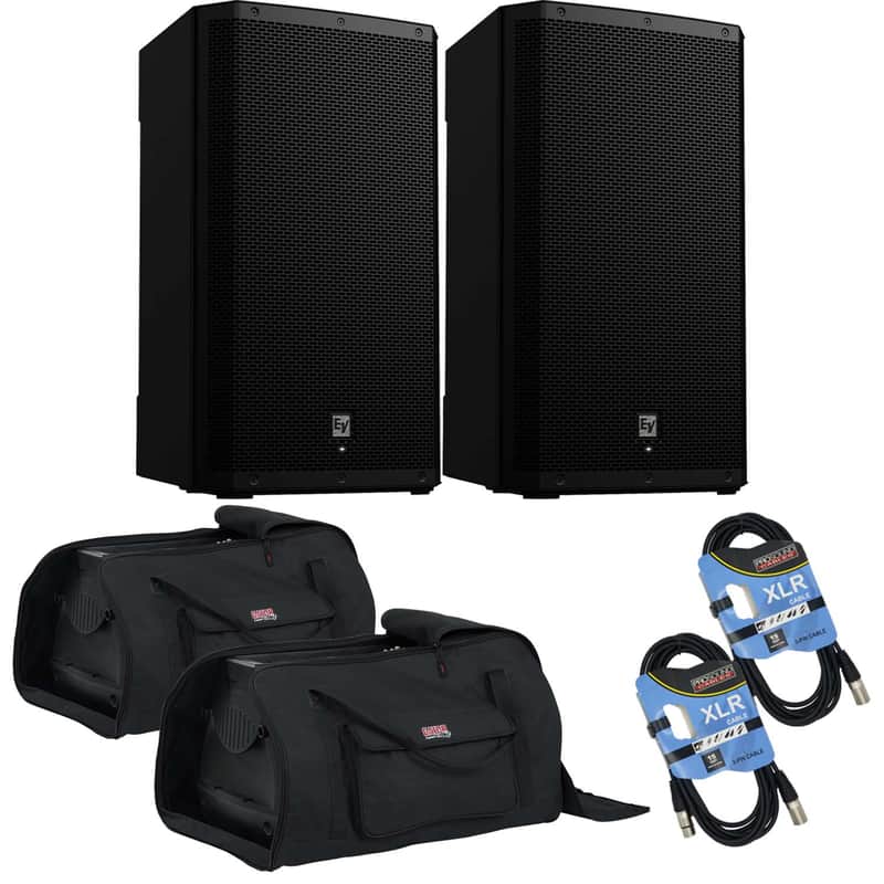 (2) Electro-Voice ZLX-15P-G2 15″ 1000W Powered Speaker, (2) Gator Tote-15 Bags, (2) XLR Cables Bundle image 1