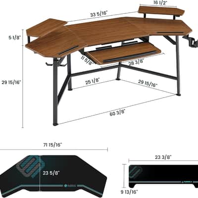 72" Wing-Shaped Music Producer Desk – Walnut Studio Workstation with Keyboard Tray, LED Lights & Monitor Shelves image 2