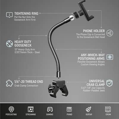 Mic Stand Phone Holder, Heavy-Duty Gooseneck Phone Holder with Super Clamp & Universal Phone Mount, Adjustable 360° Flexible Arm Clip for Mic Stand, Music Stand, Tripod, 9-INCH image 2