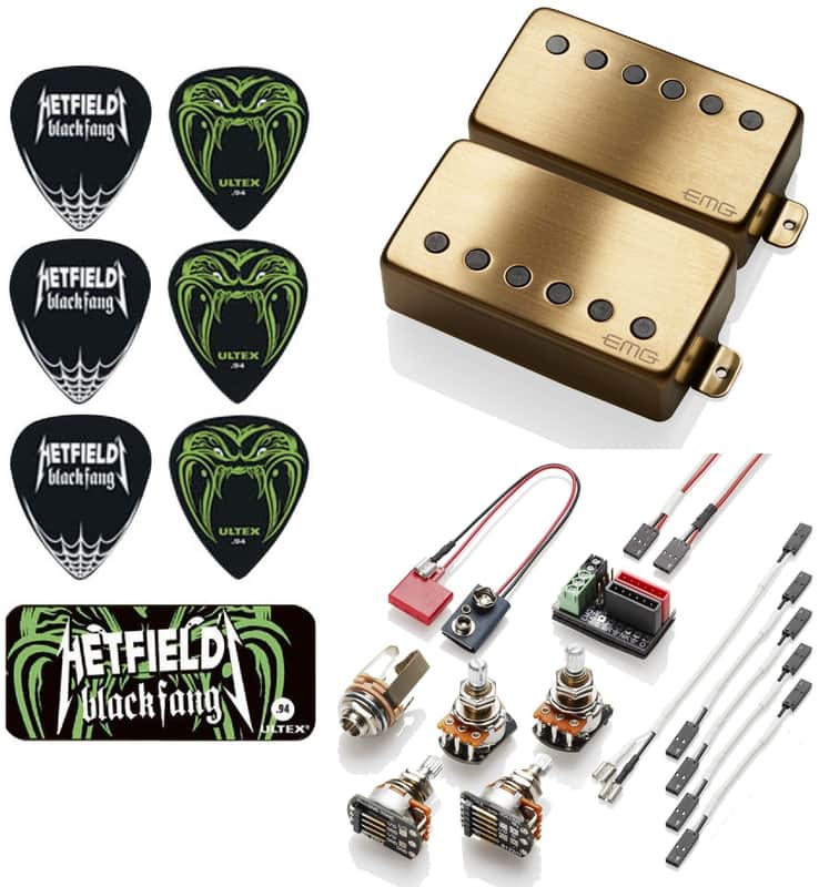 EMG F JH SET JAMES HETFIELD BRUSHED GOLD 52mm FLOYD SPACED 10mm SHORT SHAFT POT& WIRING ( 6 BLACK FANG PICKS & TIN) image 1