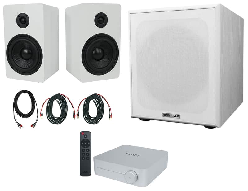 2) Rockville RockShelf 58W 5.25" White Bookshelf Speakers+Bluetooth/Wifi Amp+Sub image 1
