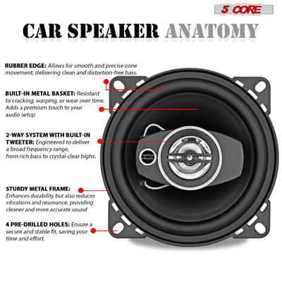 5 Core Car Audio 4 inch Coaxial Speakers Pair 2 Way 250W 4Ohm Replacement Driver w Dome Tweeters image 6