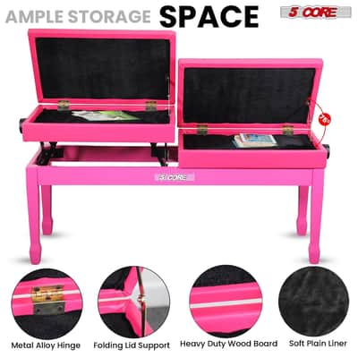 5 Core Duet Piano Bench 3.5 Inch Padded Cushioned Stool Wooden Heavy Duty Musician Chair Height Adjustable Double Keyboard Seat w Storage Nonslip Cherry - PNB DT CHERRY-Cherry image 5