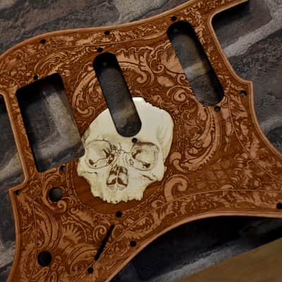 Wood Pickguard for Stratocaster HSS and SSS Hand Painted and Laser engraved Real Cherrywood with Unique Artwork "Stumble" image 2