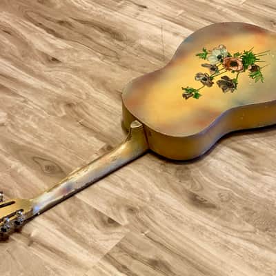 National Triolian "Anemone Bouquet" 1928 Yellow, very early wood body Tricone resonator guitar. image 12