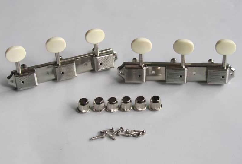 Nickel Vintage-Style 3×3 Guitar Tuners, 3-on-Plate | Ivory Buttons, 15:1 Ratio – LP / SG Junior Style image 1