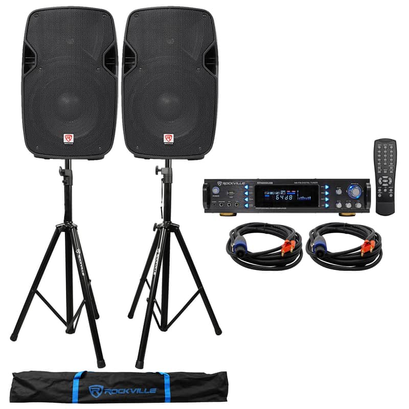 (2) Rockville SPGN104 10" 1600w DJ PA Speakers+Bluetooth Amplifier+Stands+Cables image 1