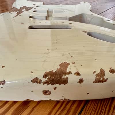 MJT Stratocaster Body, Aged, Reliced, Olympic White Over Three Tone Sunburst image 7