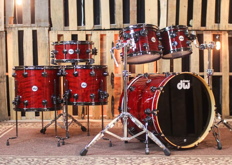 Used DW Collector's Maple Candy Apple Red over Redwood Stump Drum Set - 22,10,12,14,16,14sn image 1