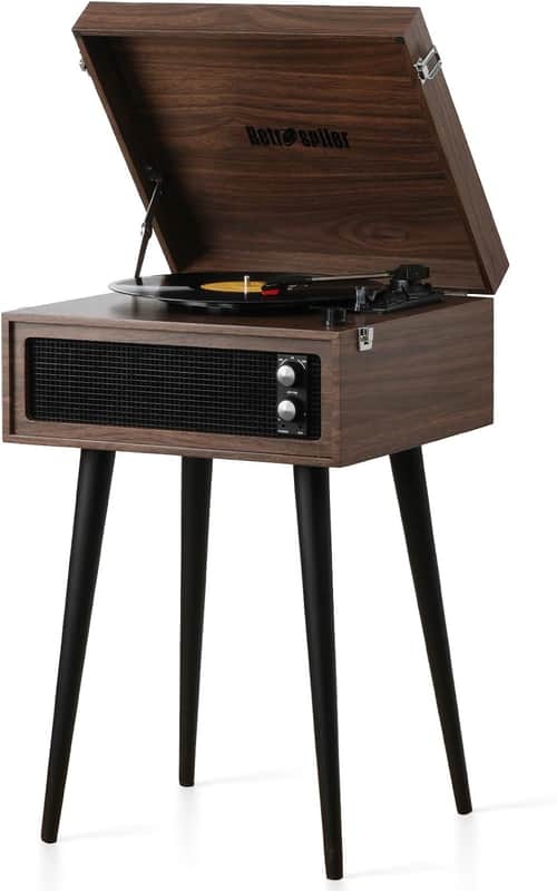 Espresso Turntable with Removable Stand – 3-Speed Vintage Record Player with Bluetooth, USB Recording & Built-In Speakers