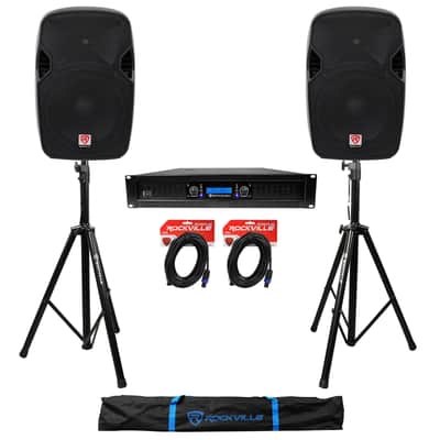 (2) Rockville SPGN124 12" 1200W DJ PA Speakers+Power Amplifier+Stands+Cables image 1