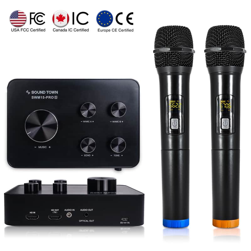 SWM15-PRO | WIRELESS MICROPHONE KARAOKE MIXER SYSTEM W/ HD ARC, OPTICAL, AUX, BLUETOOTH, SELECTABLE FREQUENCIES - SUPPORTS SMART TV, SOUND BAR, MEDIA BOX, RECEIVER image 1