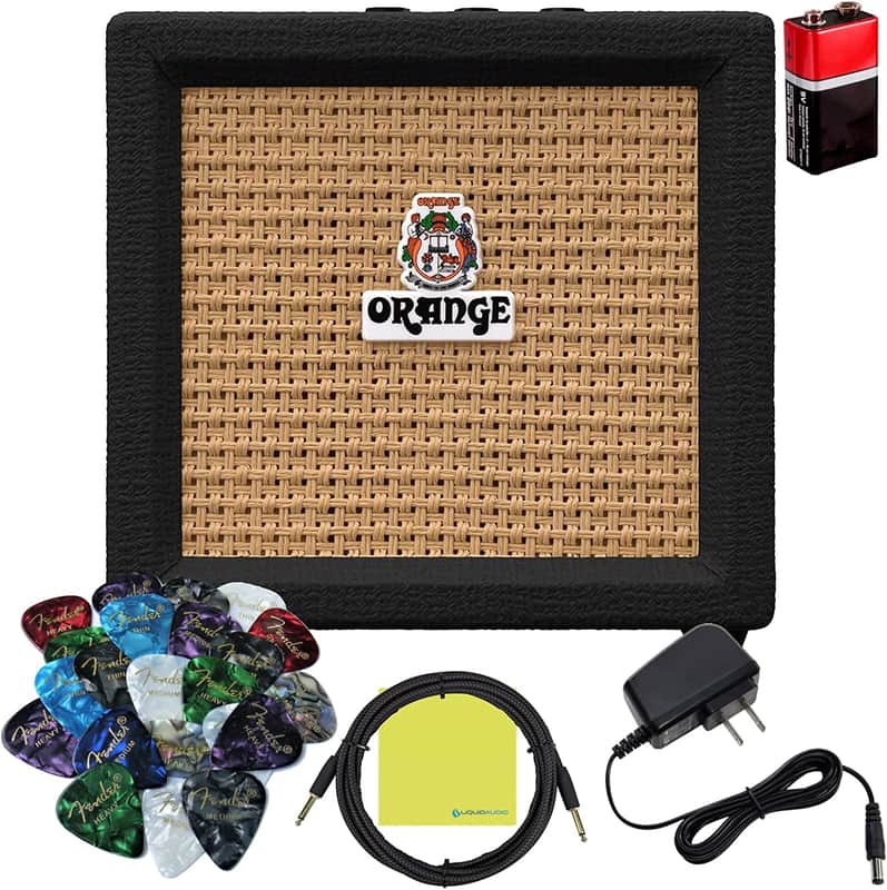 Orange Amps Crush Mini (Black) 3W Guitar Combo Amp Bundle w Power Adapter, Pig Hog Instrument Cable, 24 Picks, Battery & Liquid Audio Polishing Cloth (Black) image 1