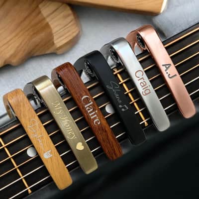 Personalized Metal Guitar Capo Engraved with Name - Fathers Gift for Dad - Music Gift for Dad Custom Capo with Wood Grain image 1