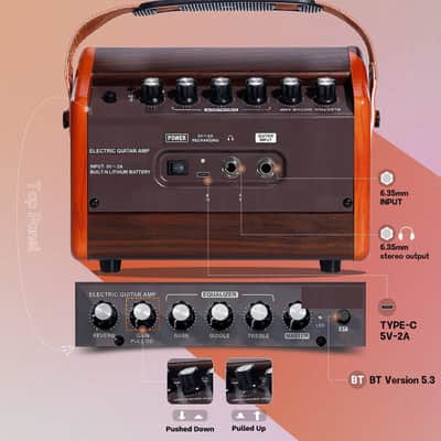 15W Portable Electric Guitar Amp with BT, Rechargeable Battery, Built-in Effects Reverb, Overdrive, EQ, Woodgrain Finish, and 6.35mm Headphone Jack image 3