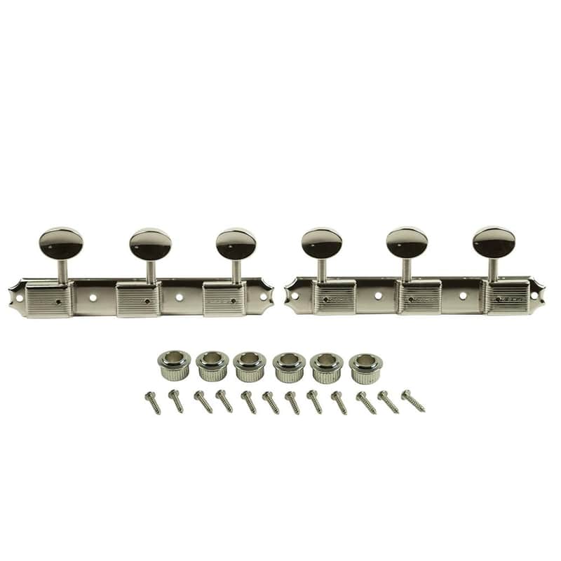 Kluson 3 On A Plate Deluxe Series Tuning Machines - Single Line - Slotted Headstock - Nickel With Oval Metal Buttons image 1