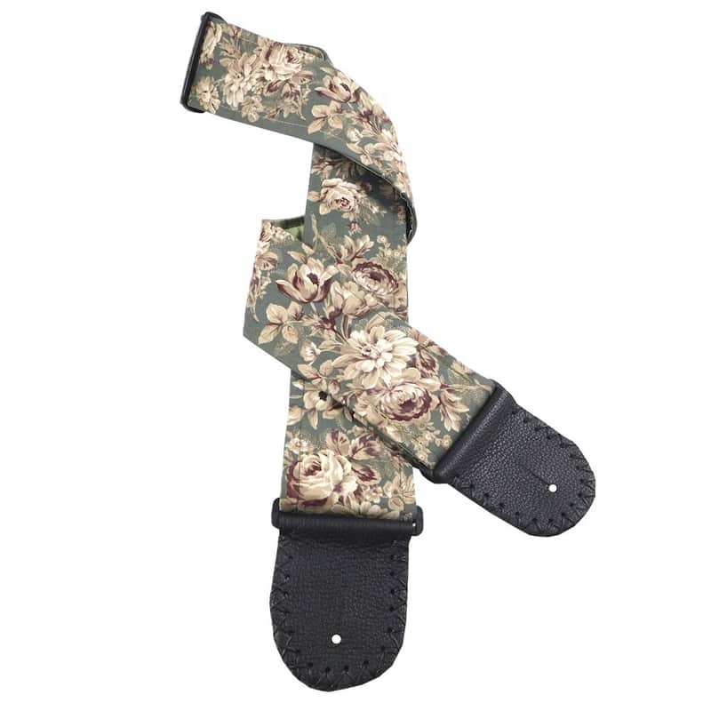 Vintage Sage Rose Handmade Guitar Strap Shades of Green, Brown, Cream, White image 1