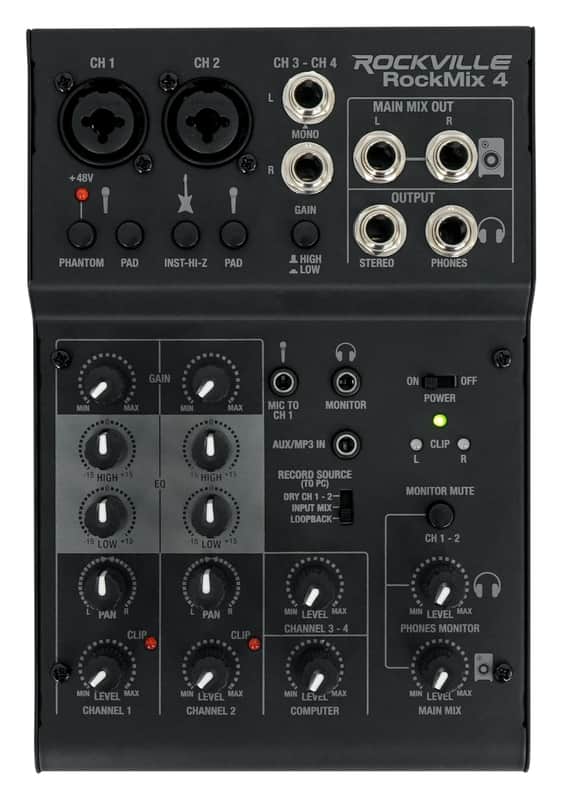 Rockville RockMix 4 Channel Mic/Instrument Pro Recording Mixer+USB Interface/EQ image 1