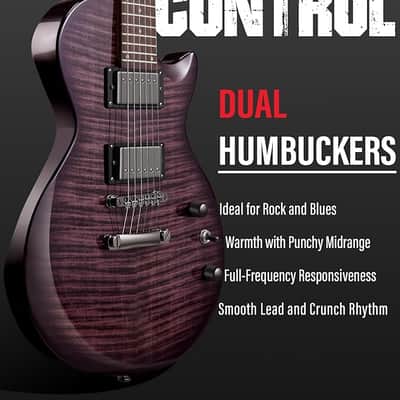 Electric Guitar Kit Roasted Maple Neck, Dual Humbucker Pickups, Luminous Position Markers, Flame Maple Graphic Top, Beginner Guitar with Gig Bag, Strap, Picks, Lesson Book, Violet Venom image 3