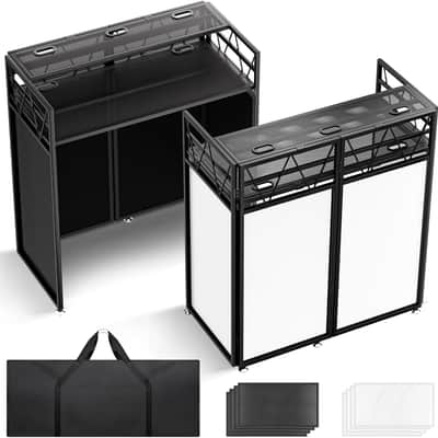 DJ Booth Stand Portable - DJ Table Facade for Laptop Double Top Storage Height Adjustable with Black & White Scrims DJ Stand Foldable with Storage Bag, Cable Holes, 40.7" L x 19.7" W, Black image 1