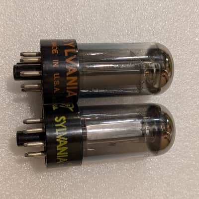 6V6GTA Sylvania NOS NIB Matched Pair Tubes Gray Glass Black Plate Silver Tops Top Halo Getter image 2