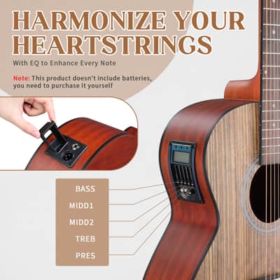 Cxxss 41-inch walnut top acoustic guitar with matte binding, comes with a 15W amplifier, bag, tuner, strings and other accessories - Natural Wood image 4