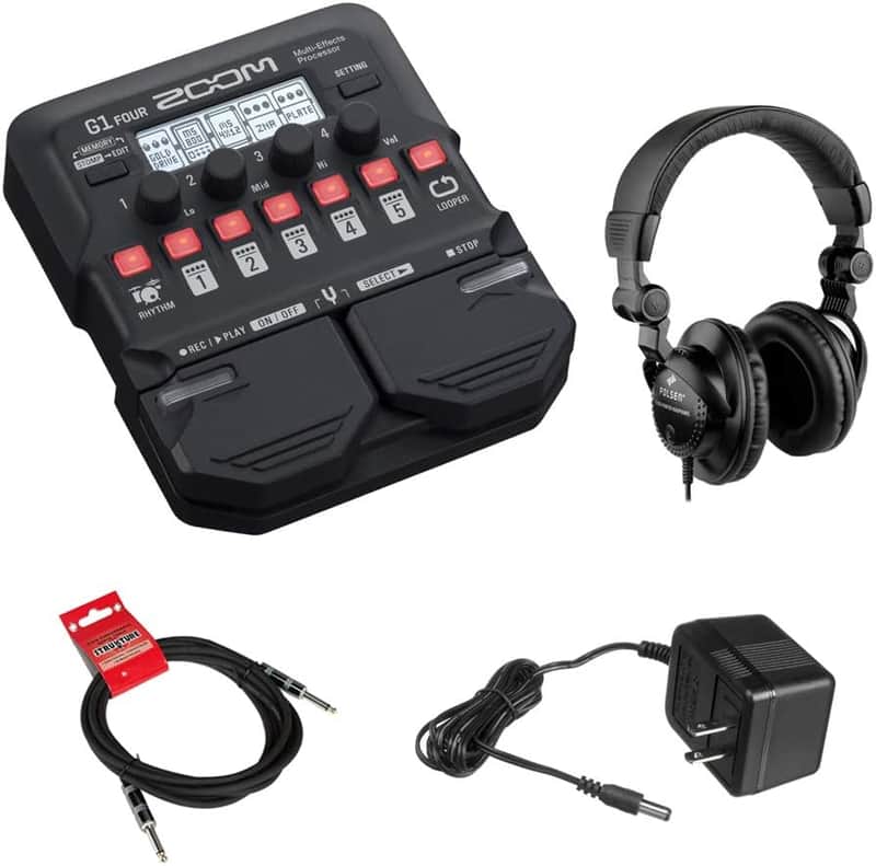 Zoom G1 Four Multi-Effects Processor with Zoom AD-16 Power Supply, 1/4" TRS Cable and StreamEye Cans50 Professional Studio Headphones image 1