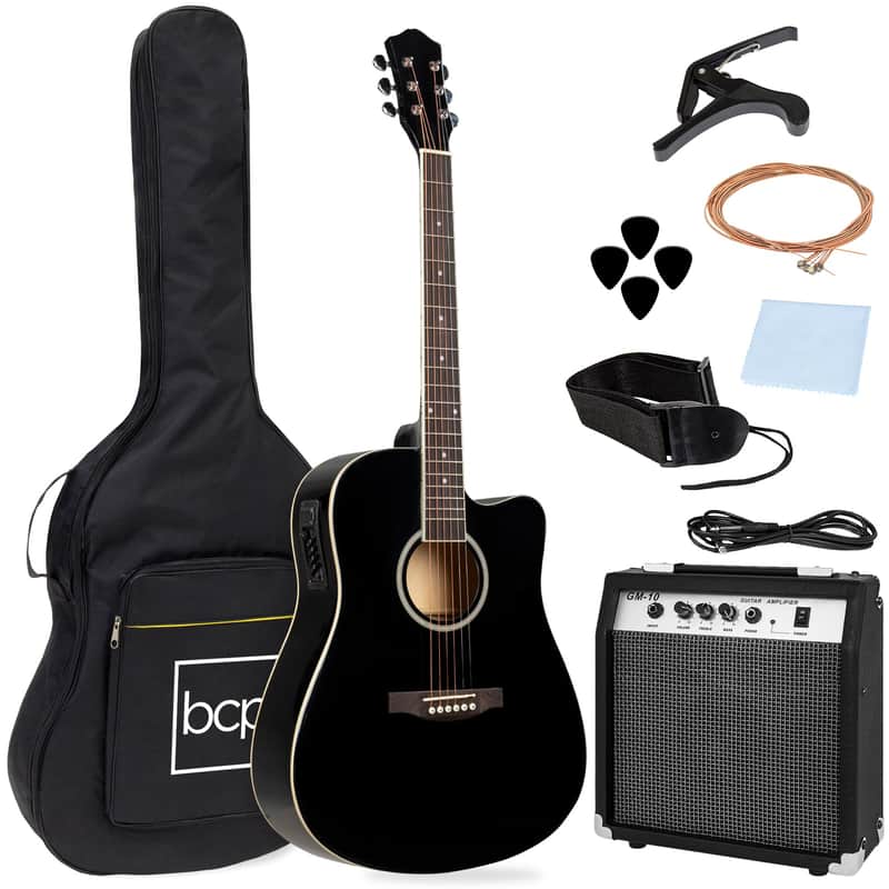 Best Choice Products Beginner Acoustic Electric Cutaway Guitar Set w/ Case, Strap - 41in-Black image 1