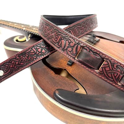 Walker And Williams M-20-RD Mahogany Red Leather Premium Padded Mandolin Strap With Celtic Chain Design image 2
