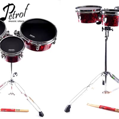 RED Brand New 100% Handmade Triple Bongo Set + Adjustable Stand with autonomous fastening, Maxtone drum head skins 6,8,10 inches & Stagg Sticks image 10