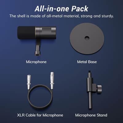 Dynamic Podcast Microphone, XLR Mic for Recording, Streaming, XLR Cardioid Mic with Quick Mute, Volume Control, 200 cm/78inch Cable, with Desktop Stand, Audio Interface Needed, Black image 3