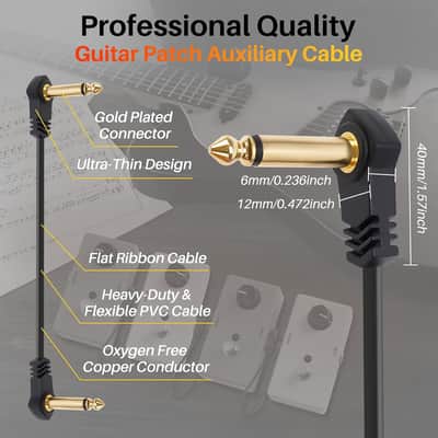 12-Inch Flat Guitar Patch Cables 6 Pack, Ultra-Thin 6.35mm Right-Angle Guitar Effects Pedal Board Patch Flat Cord, Thin-Type Save More Space Pedal Board Cables Gold Plated Connector 1/4 TS Copper Wire image 2