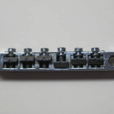 visibly used / relic'd real player's wear Epiphone B-2 metric ABR-1 vintage style bridge CHROME, large posts mounting pieces (NO anchors) early 2000s (for some import guitars that use this style bridge) will NOT fit on Gibson - mounting holes are too big image 2