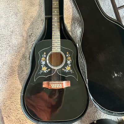 Black 12-String Acoustic Guitar w/ Floral Pickguard & Hard Case image 3