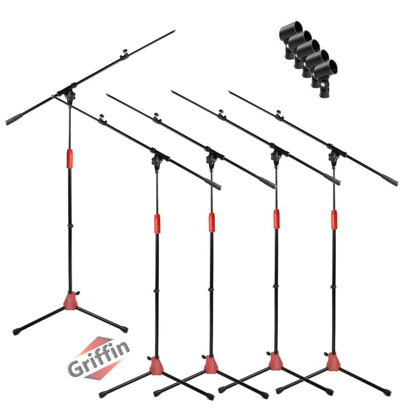 Griffin Microphone Stand with Boom Arm and Mic Clip (Pack of 5) - Tripod Telescoping Quality for Studio, Karaoke, Live Performances, Conferences Portable with Folding Legs & Removable Arm image 1