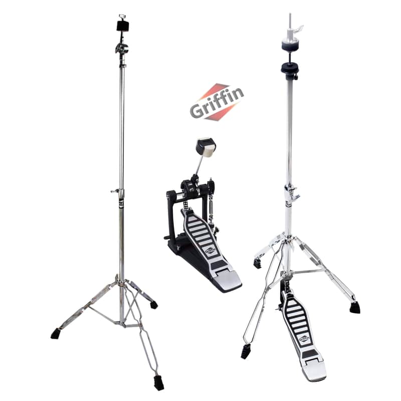 Hi-Hat Stand, Kick Drum Pedal & Straight Cymbal Stand Kit (3 Piece Set) by GRIFFIN | Deluxe Full-Size Percussion Chrome Hardware Set, Lightweight & Portable for Drummer Gigs image 1