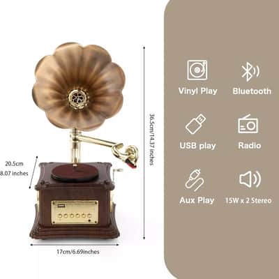 Vintage Wooden Record Player – Bluetooth, USB, AUX, FM Radio, Copper Horn Speakers (Walnut) image 3