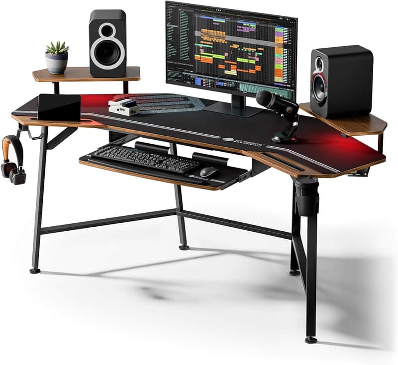 72" Wing-Shaped Music Producer Desk – Walnut Studio Workstation with Keyboard Tray, LED Lights & Monitor Shelves image 1
